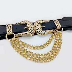 Cintura larga elastica intagliata vintage da donna con catene multistrato per abiti alla moda