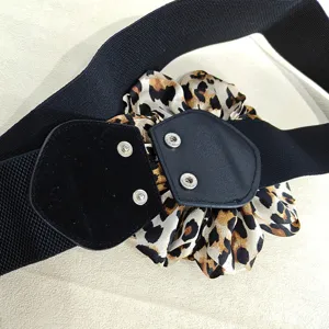 Women wide elastic waist belt with leopard print fabric flower decor for dresses sweaters.
