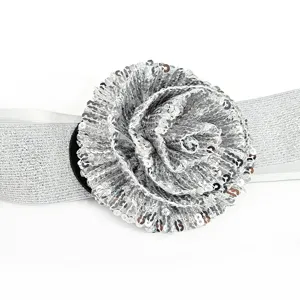 Silver sequin flower elastic waist belt, stylish women dress coat decorative waist cincher