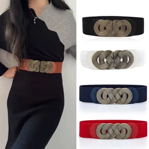 Cinturón de Cintura Elástico Ancho Retro para Mujer Hebilla de Metal Tallada Vintage Banda de Cintura Elástica Vestido Cinturón Corsé Decorativo