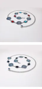 Bohemian metal waist chain with ornate round medallions and colorful gemstone details for women.