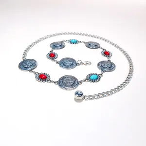 Bohemian style metal waist chain for women, Y2K textured coin belt for dress and sweater.
