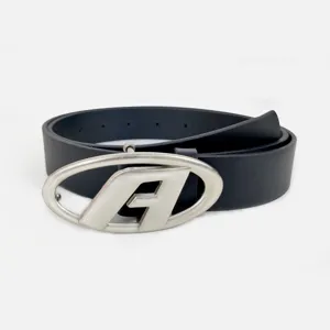 Retro black leather belt with silver oval buckle unisex vintage Y2K waist strap jeans accessory.