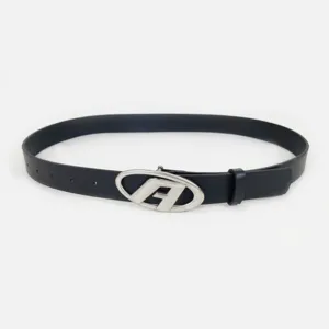 Retro silver letter buckle black leather belt, stylish unisex Y2K jeans accessory for daily wear.