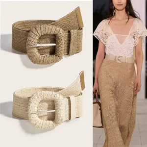 Γυναικεία Πλεκτή Ζώνη από Άχυρο Vintage Casual Φόρεμα Cinch Ζώνη Στρογγυλή Αγκράφα PP Άχυρο Πλεκτή Ζώνη Μέσης Αξεσουάρ Μόδας