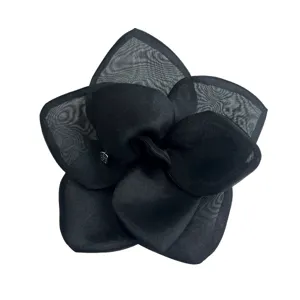 Elegant oversized black mesh rose flower hair clip for women with layered satin petals