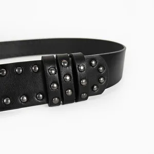 Punk style black rivet leather belt for women, fashionable jeans accessory for hot girls.