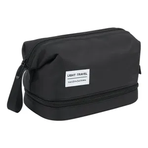 Grande borsa cosmetica nera a doppio strato da viaggio, organizer per articoli da toeletta.