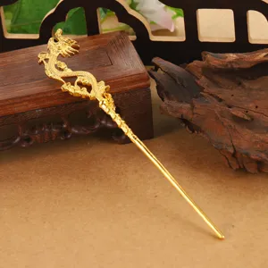 Detailed view of an ancient style golden dragon hairpin for Hanfu hair styling