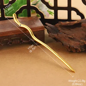 Detail view of gold wave hair stick showing dimensions 17cm length and weight 23.8g