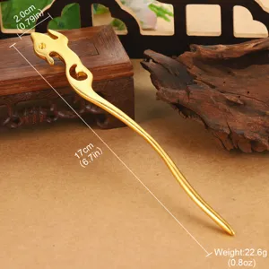 Golden hollowed-out ancient style hair stick detail showing 17cm length and dimensions