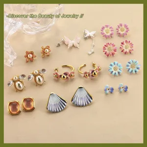 Vintage Alloy Flower Butterfly Bee Stud Earrings Ring For Women Colorful Enamel Drip Rhinestone Artificial Pearl Jewelry Gift
