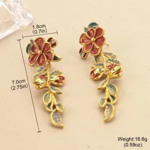 Detailansicht der Vintage-Emaille-Blumen-Ohrhänger mit exakten Maß- und Gewichtsangaben