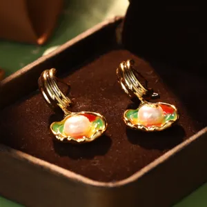 Elegant oil painting style enamel flower earrings with central pearl in a luxury box