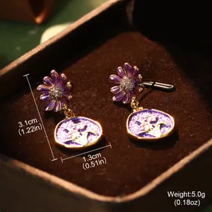 Close-up detail of purple enamel flower earrings showing precise dimensions and weight