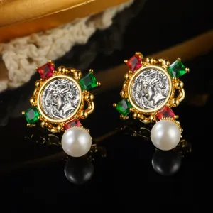 Vintage Palace Style Portrait Coin Stud Earrings For Women Retro Gold Floral Artificial Pearl Rhinestone 925 Silver Post Jewelry