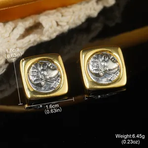 Detailed view of vintage palace style square earrings with antique portrait coin relief