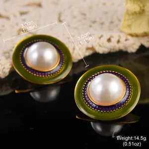 Vintage palace style pearl enamel earrings detail with measurements 3.0cm diameter