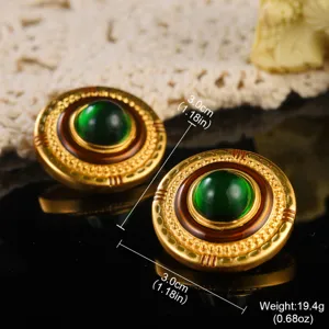Vintage court-style green enamel round stud earrings with detailed measurements.
