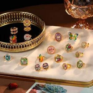 Vintage Baroque Oil Painting Series Floral Ring For Women Gold Plated Enamel Butterfly Flower Adjustable Open Ring Artificial Pearl Jewelry