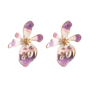 Artistic flower earrings detail featuring purple enamel and pearl accents in oil painting style