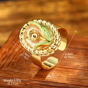 Detailed view of a vintage enamel flower ring showing dimensions and weight info