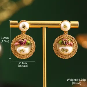 Detailed view of vintage Monet-inspired earrings with pearls and floral patterns on a stand