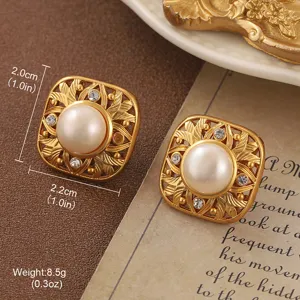 Vintage gold-tone square earrings featuring central faux pearls and ornate floral details.