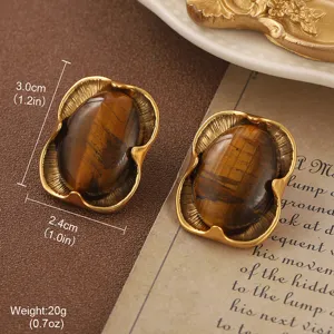Vintage gold-framed earrings with brown tiger eye stone, 3.0x2.4cm size details.