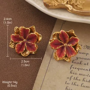 Vintage red oil painting flower earrings with size and weight measurements detail