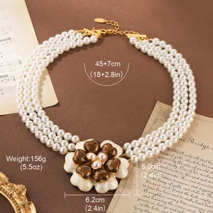 Vintage Camellia Pearl Necklace For Women Elegant Heavy Craft Natural Stone Choker Contrast Color Gold Chain Jewelry