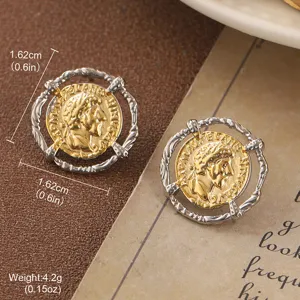 Vintage coin earrings with embossed portrait and silver rope border detail view