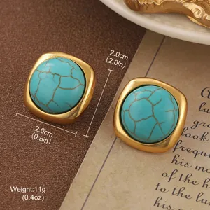 Macro detail of vintage gold-toned square stud earrings with turquoise stone and dimensions