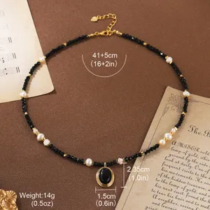 Detailed size view of vintage black stone and pearl necklace showing dimensions