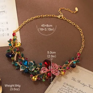 Macro view of a vintage multi-color crystal floral necklace with size and weight specs