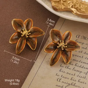 Macro detail of vintage oil painting style flower earrings with dimension and weight labels