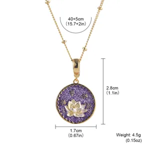 Detail view of vintage lotus pendant necklace with size and weight measurements in inches