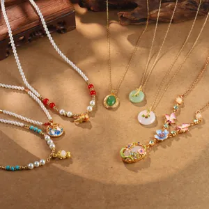 Vintage Halsketten Set im chinesischen Stil mit Perlen Jade und Emaille