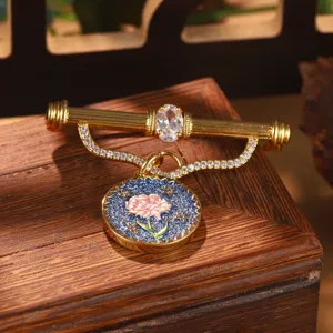 Exquisite vintage Chinese style carnation enamel pendant brooch with cubic zirconia