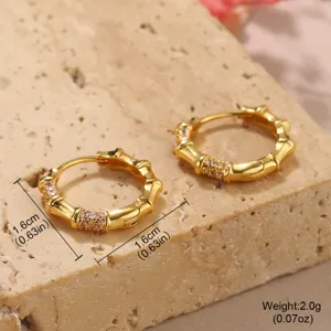 Créoles élégantes en placage d'or style bambou avec cristaux pavés, diamètre de 1,6 cm