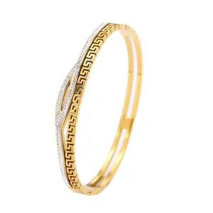 Bracciale vintage in acciaio inox con motivo a greca e cristalli scintillanti