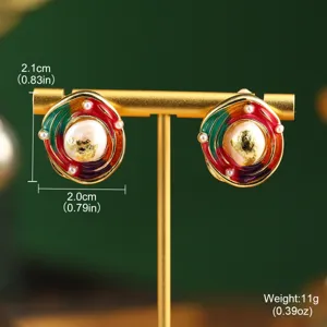 Detailed view of colorful enamel pearl earrings with 2.0x2.1cm size and 11g weight data