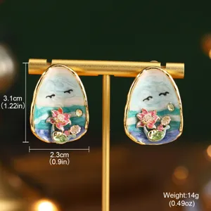 Vue détaillée des boucles d'oreilles fleurs en émail avec dimensions et poids indiqués