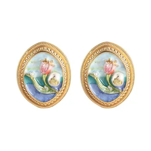 Boucles d'oreilles fleurs en émail vintage avec perles style peinture à l'huile
