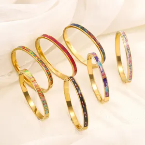 Vintage Gold Edelstahl Emaille Armreif Für Damen Bemalt Tropföl Geometrisches Blumenmuster Mode Titan Stahl Armband Schmuck Geschenk