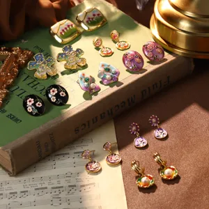 French Vintage Flower Oil Painting Series Enamel Drip Oil Artificial Pearl Stud Earrings Alloy Rhinestone 925 Silver Post Jewelry