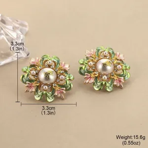 Detailansicht der Vintage-Emaille-Blumenohrringe im Hofstil mit Perlen und Maßangaben