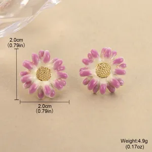 Close-up detailed view of purple gradient enamel flower stud earrings with dimensions and weight.