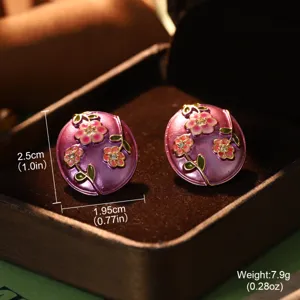 Close-up macro shot of purple floral enamel earrings showing specific dimensions and weight