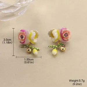 Close-up detail of enamel flower drop earrings with dimensions and weight labels